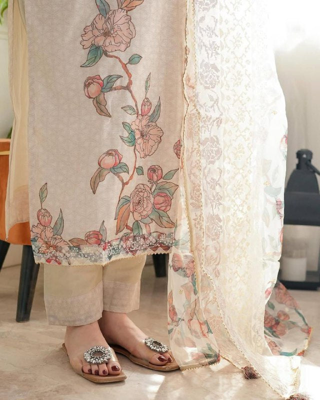 Light Beige Floral Printed Lilan Cotton Kurta Set with Organza Dupatta