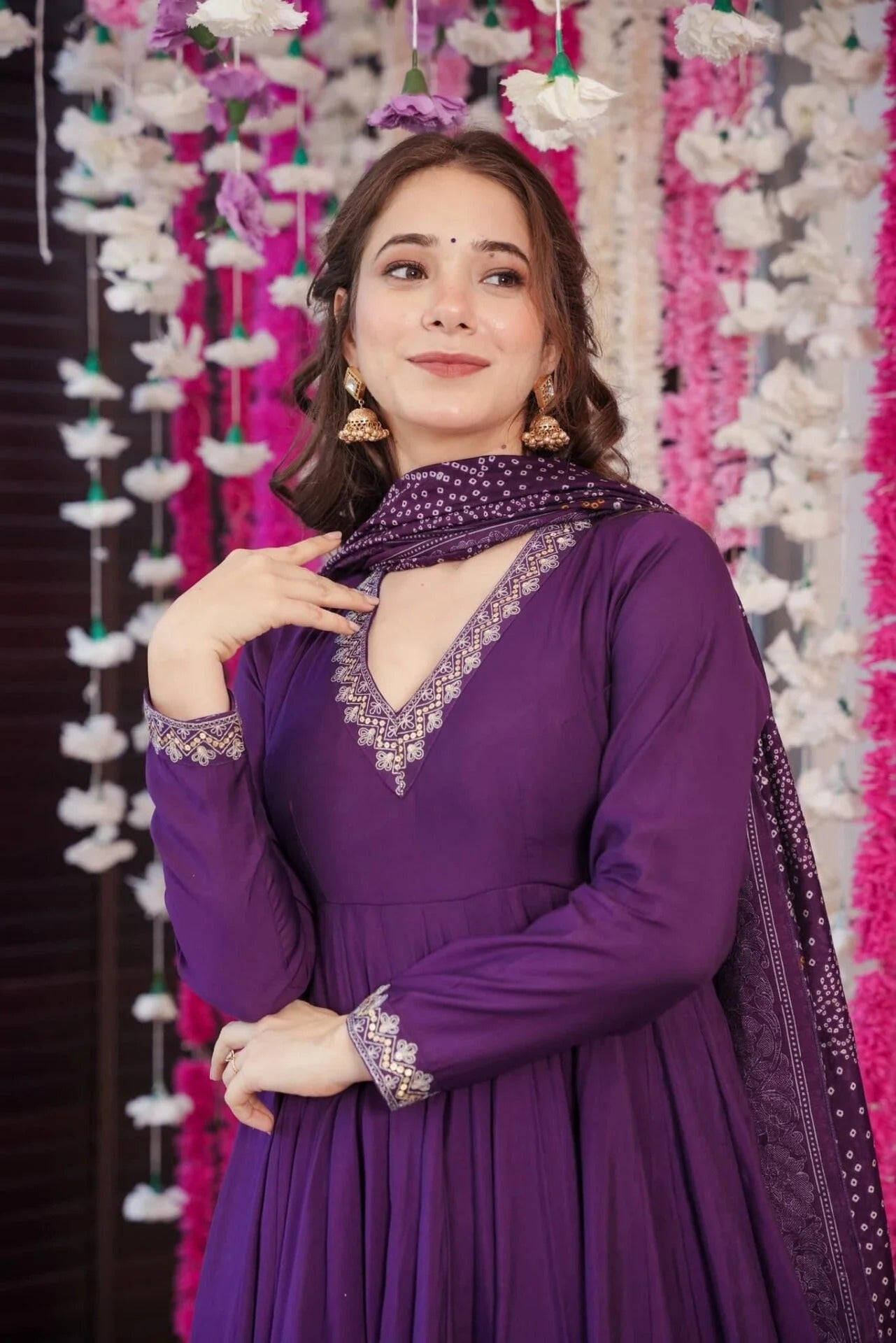 Elegant V-Neck Full Sleeve Anarkali Gown with Palazzo and Bandhej Dupatta