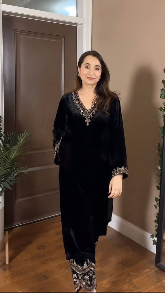 Luxury Black Velvet V-Neck Tunic with Embroidered Bottoms