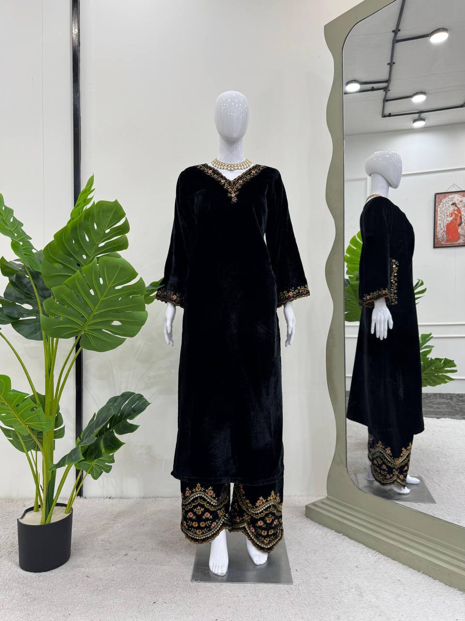 Luxury Black Velvet V-Neck Tunic with Embroidered Bottoms