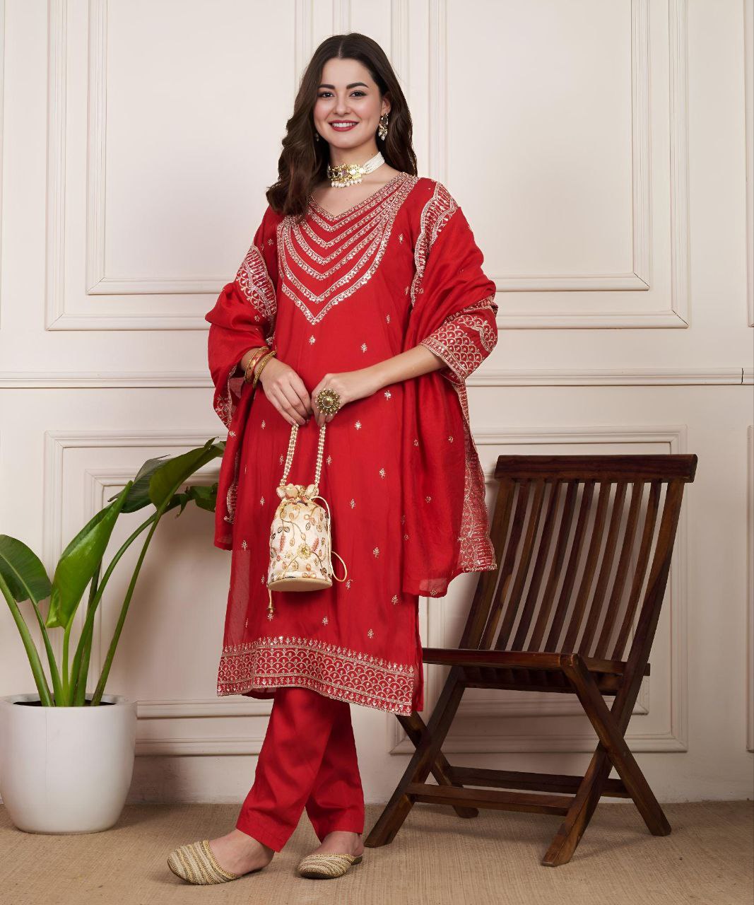 Ethnic V-Neck Chanderi Silk Kurta Set with Matching Dupatta