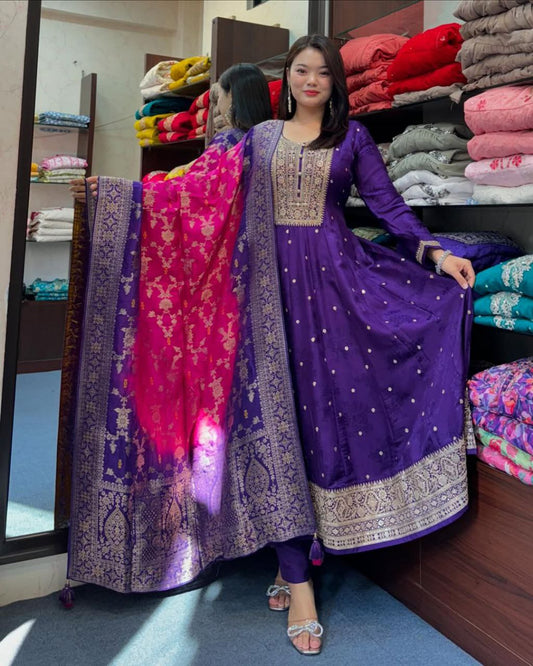 Party Wear Silk Anarkali Dress with Intricate Gold Zari & Mirror Work | Readymade Indian Salwar Kameez