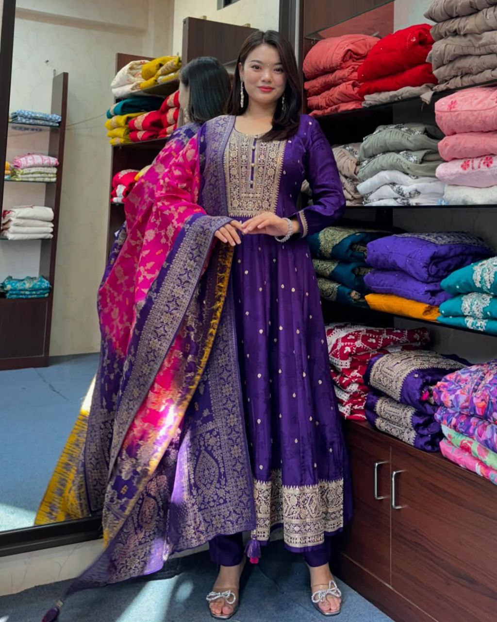 Party Wear Silk Anarkali Dress with Intricate Gold Zari & Mirror Work | Readymade Indian Salwar Kameez