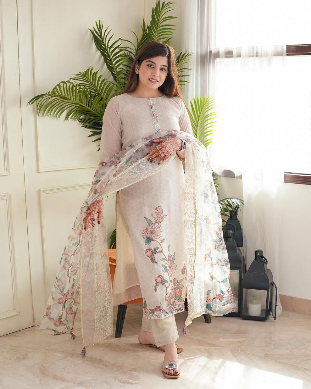Light Beige Floral Printed Lilan Cotton Kurta Set with Organza Dupatta