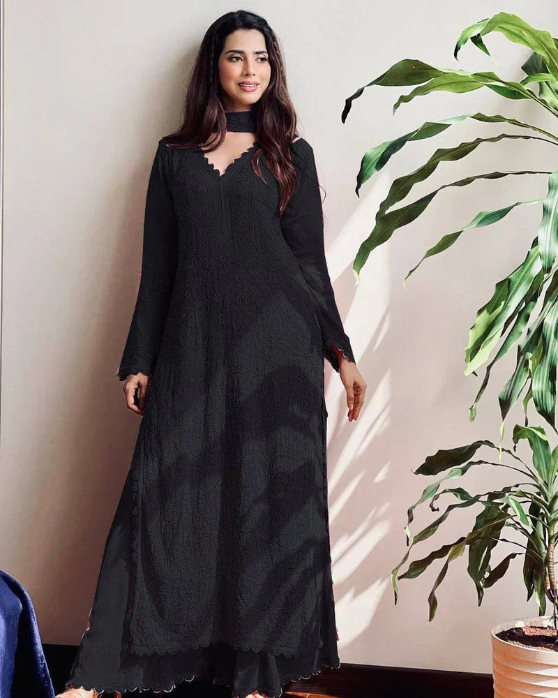 Trending faux georgette top cotton thread embroidered work and work plazo with dupatta
