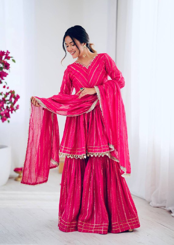 Elegant Anarkali Kurti Sharara/Gharara Suit with Gold Detailing