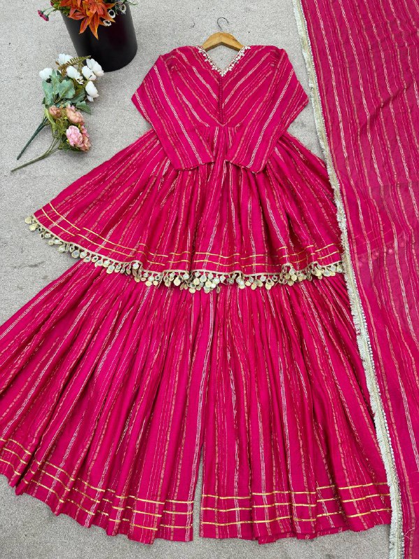 Elegant Anarkali Kurti Sharara/Gharara Suit with Gold Detailing
