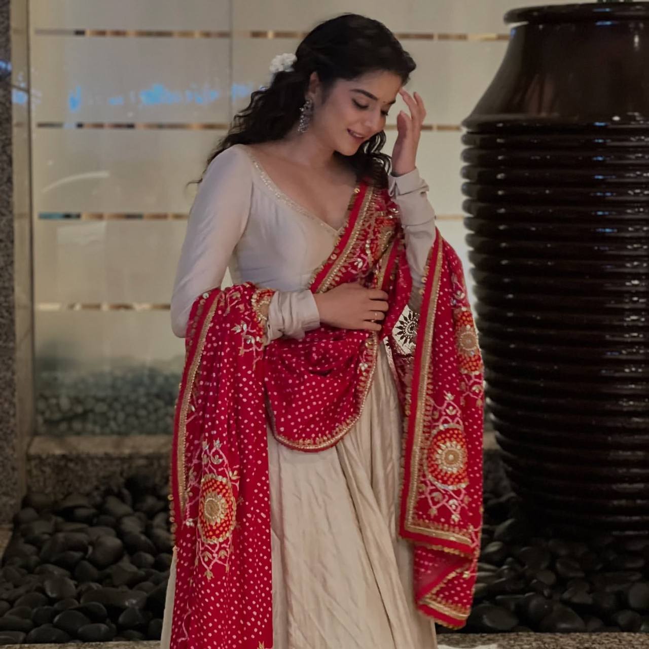 Cream Anarkali Suit with Red Bandhani Dupatta
